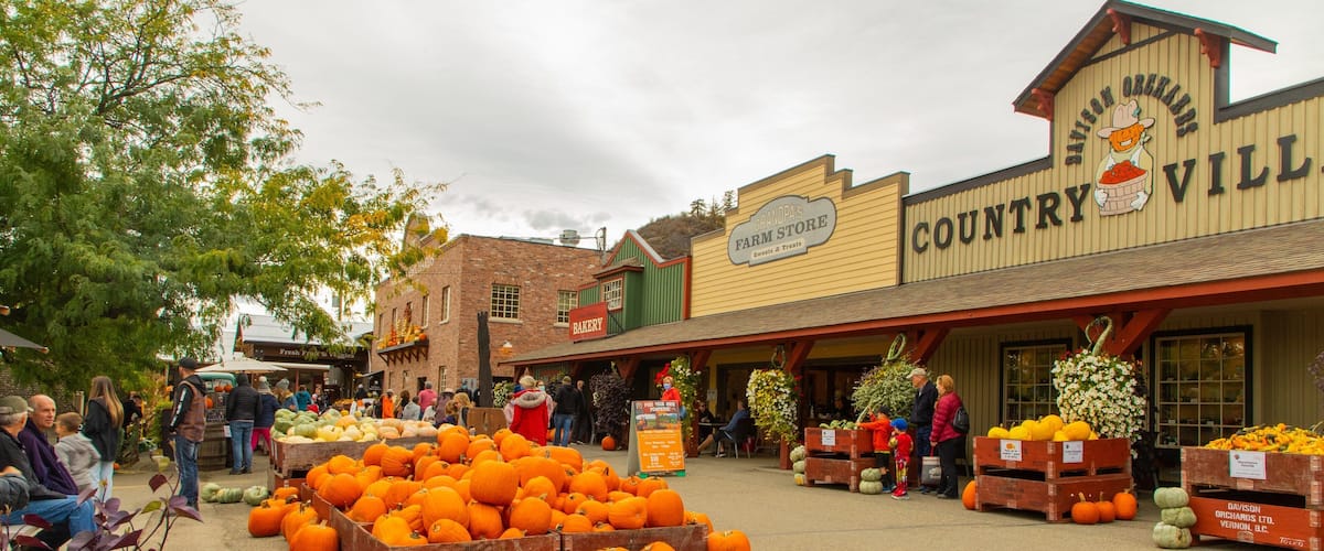 A bustling outdoor market with a prominent sign for Grandpa's Farm Store and Country Village.