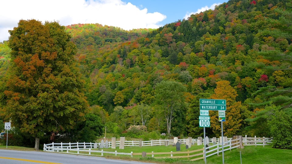 A scenic road with a white fence and gravestones, surrounded by autumn-colored trees and a hill in the background.