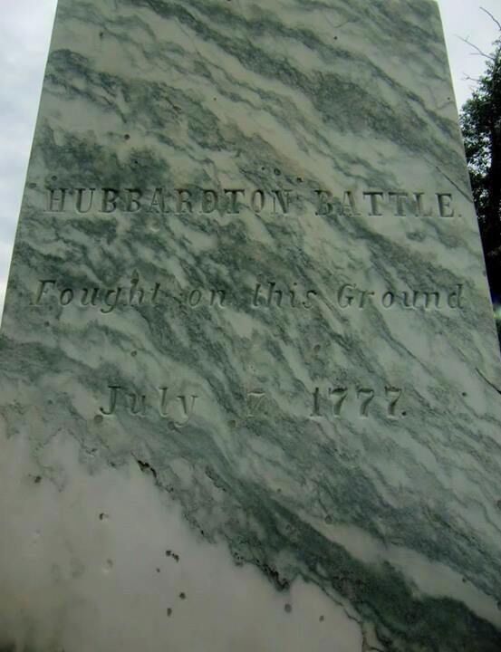 A marble monument with the inscription "HUBBARDTON BATTLE. Fought on this Ground July 1777."