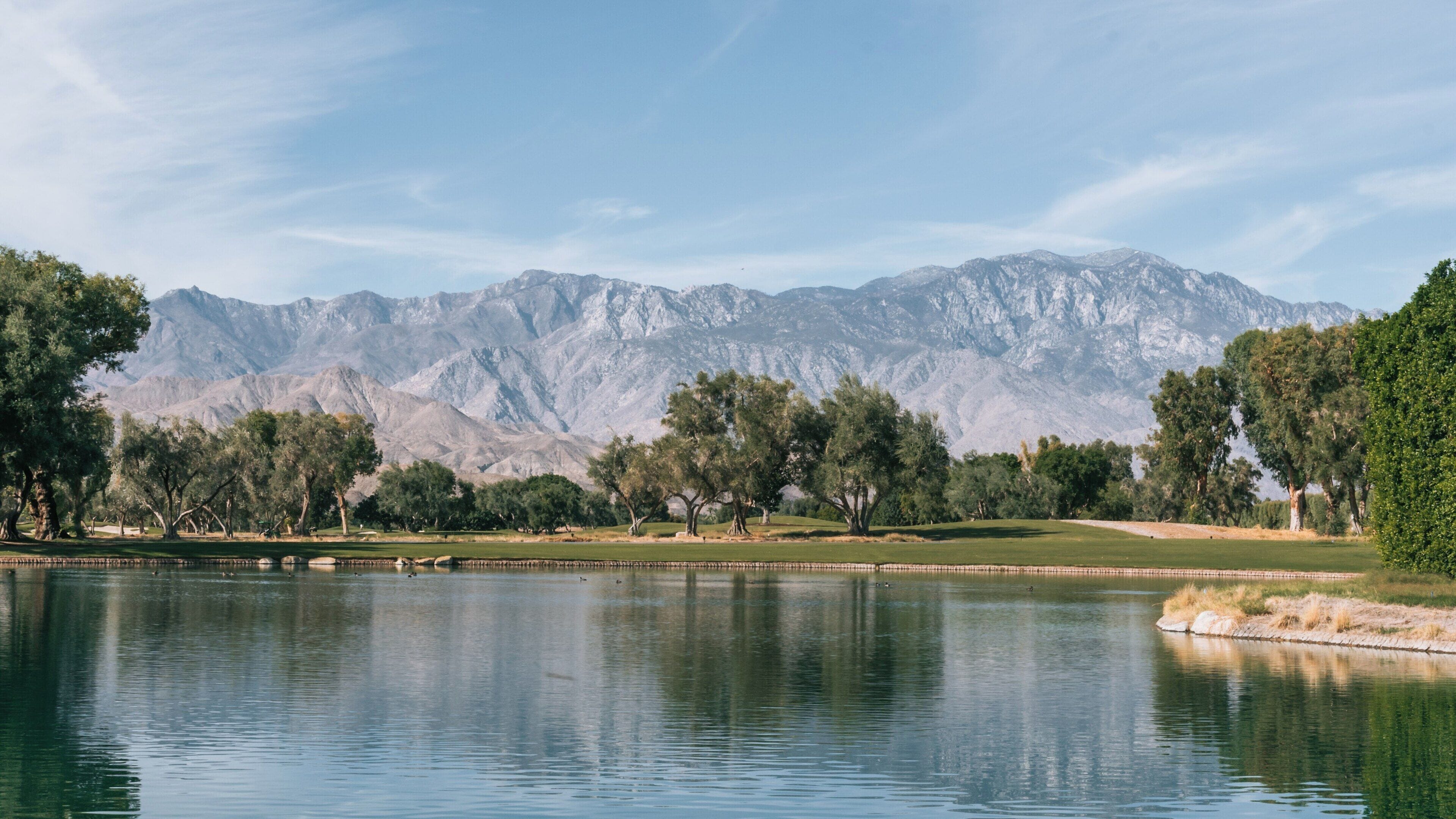 Scenic view of Sunnylands Center and Gardens in Rancho Mirage California with mountains and water