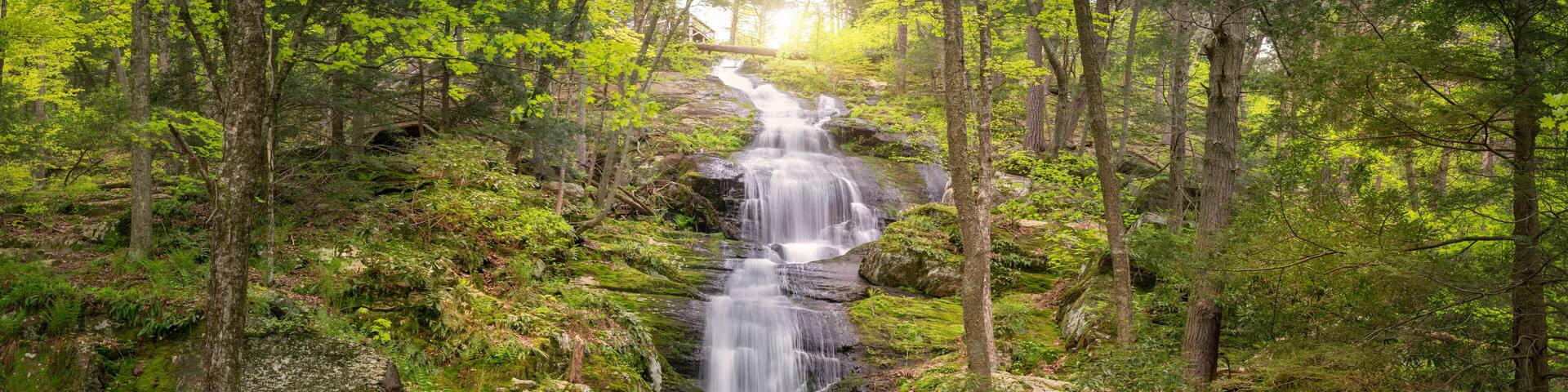 Panoramic view of Buttermilk Falls showing abundant spring runoff in Stokes State Forest, NJ