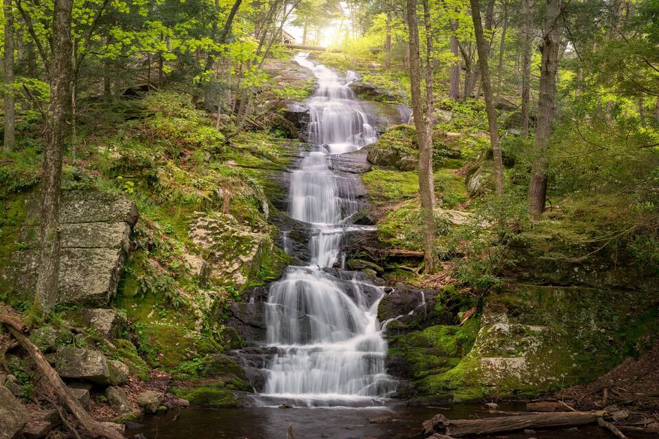 A multi-tiered waterfall surrounded by dense forest.
