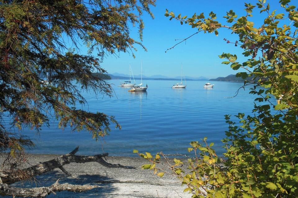 A calm lake with boats, surrounded by trees and mountains in the distance.