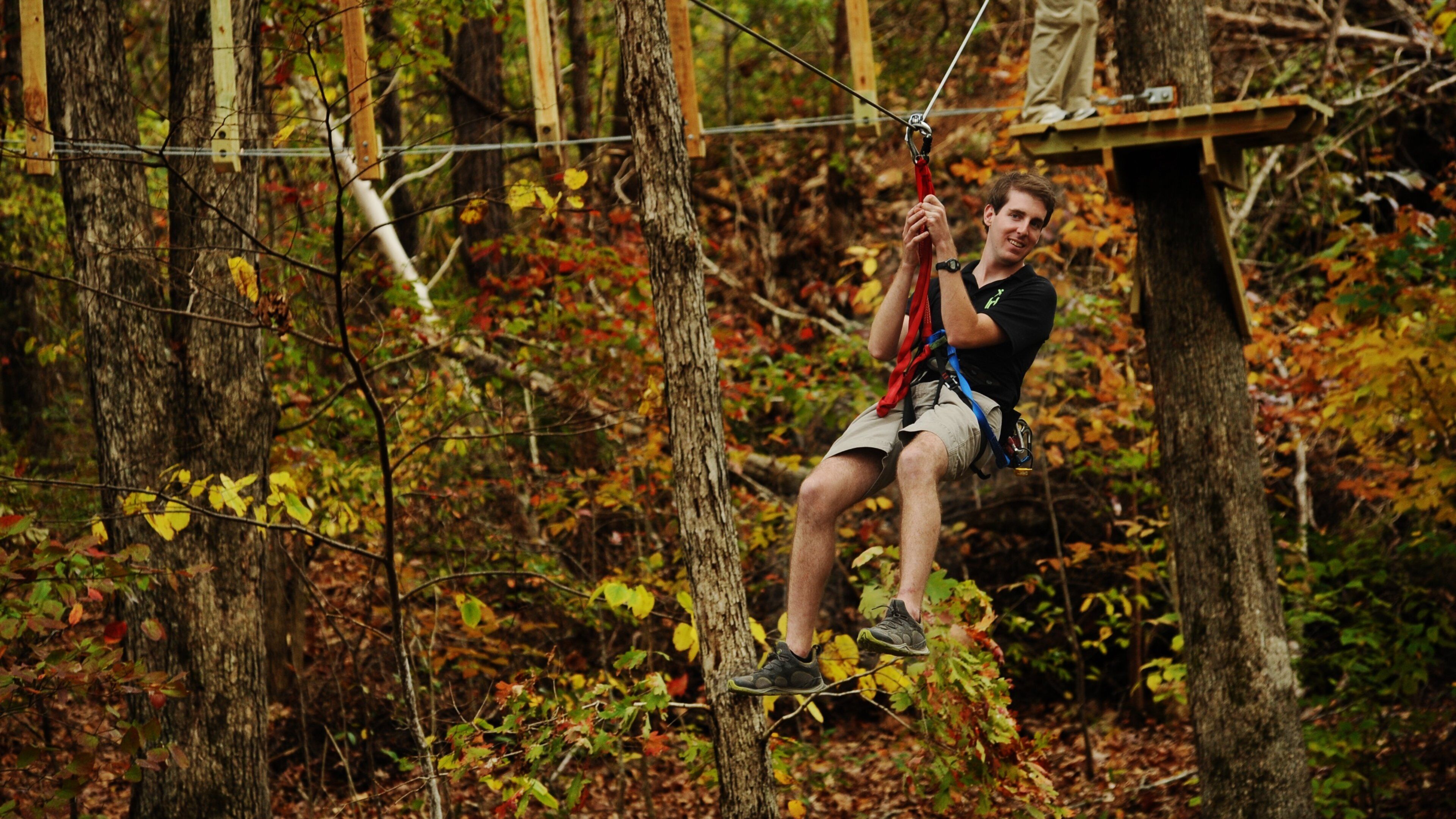 Ozark Folk Center State Park which includes autumn leaves, forest scenes and a suspension bridge or treetop walkway