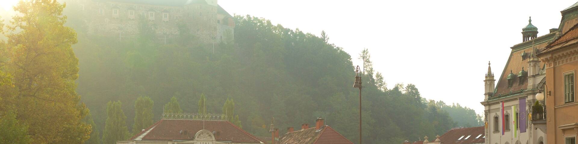 A historic square with classical architecture, a prominent building labeled 'Academia Philharmonicorum', and a hill with a tower in the background.