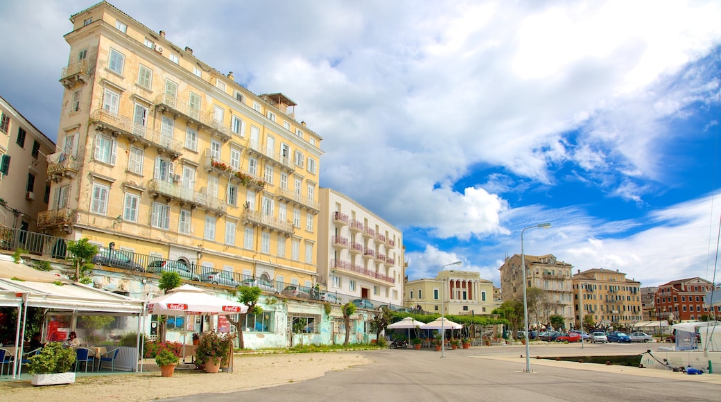 Port of Corfu featuring heritage architecture and street scenes