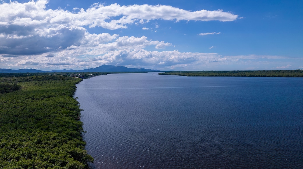 Aerial view of the city of Cananéia. Mangrove and sea at Ilha do Cardoso state park
