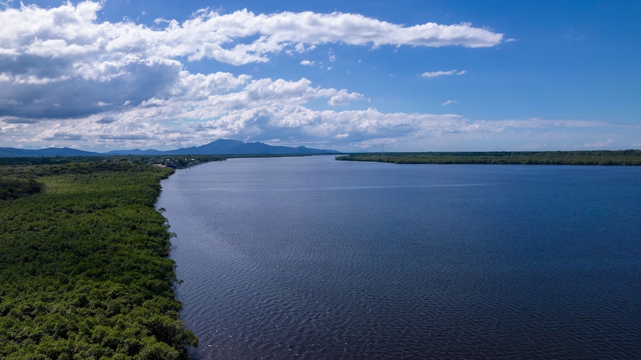 Aerial view of the city of Cananéia. Mangrove and sea at Ilha do Cardoso state park
