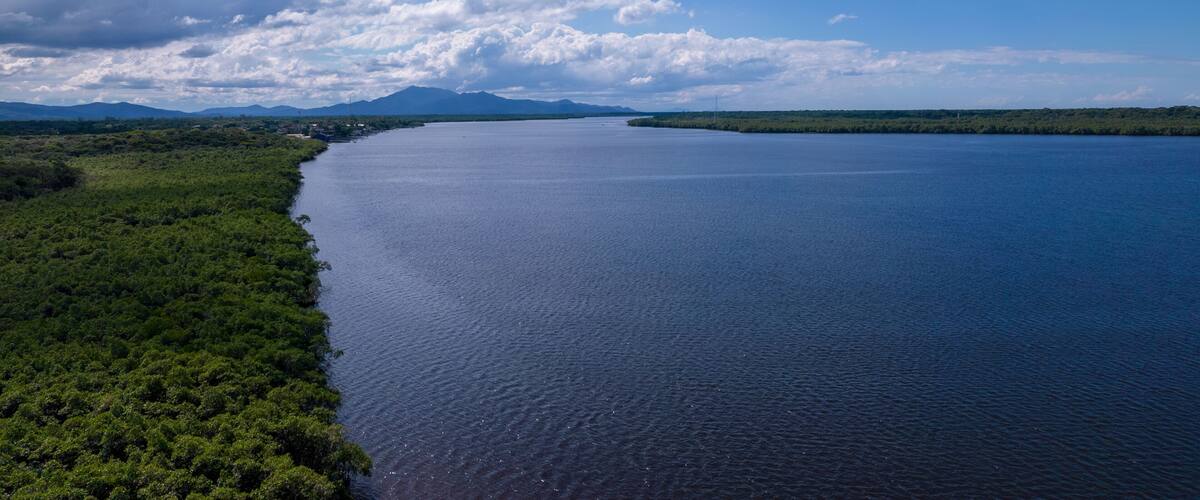 A large body of water surrounded by dense green vegetation and distant mountains under a partly cloudy sky.