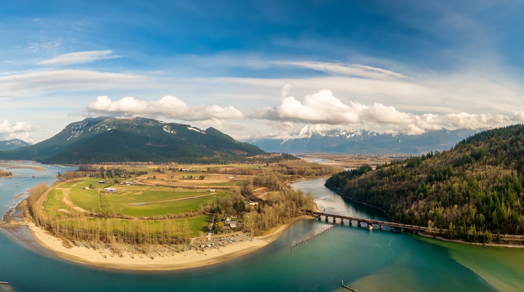 Aerial Panoramic View of a River in the valley surrounded by Canadian Mountain Landscape. Green Farms. Taken in Harrison Mills, Fraser Valley, East of Vancouver, BC, Canada.