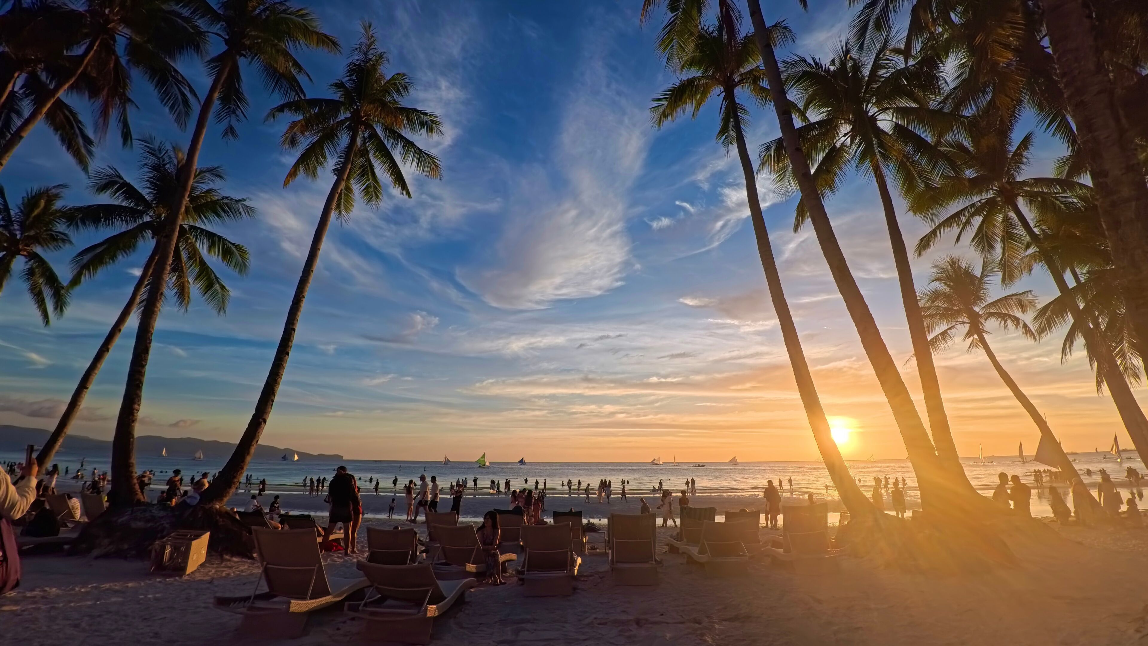 Una playa con palmeras y un atardecer.