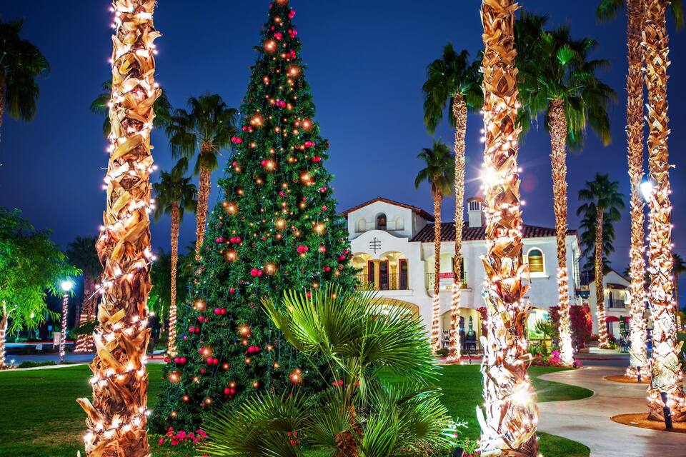 A decorated Christmas tree, palm trees, and a white building with a red roof.