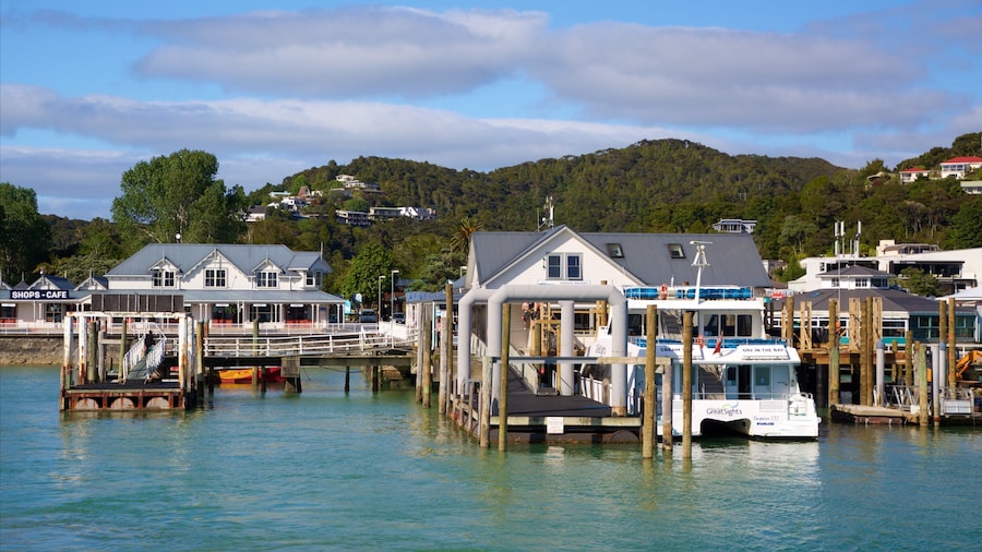 Paihia Wharf showing a bay or harbour and a coastal town