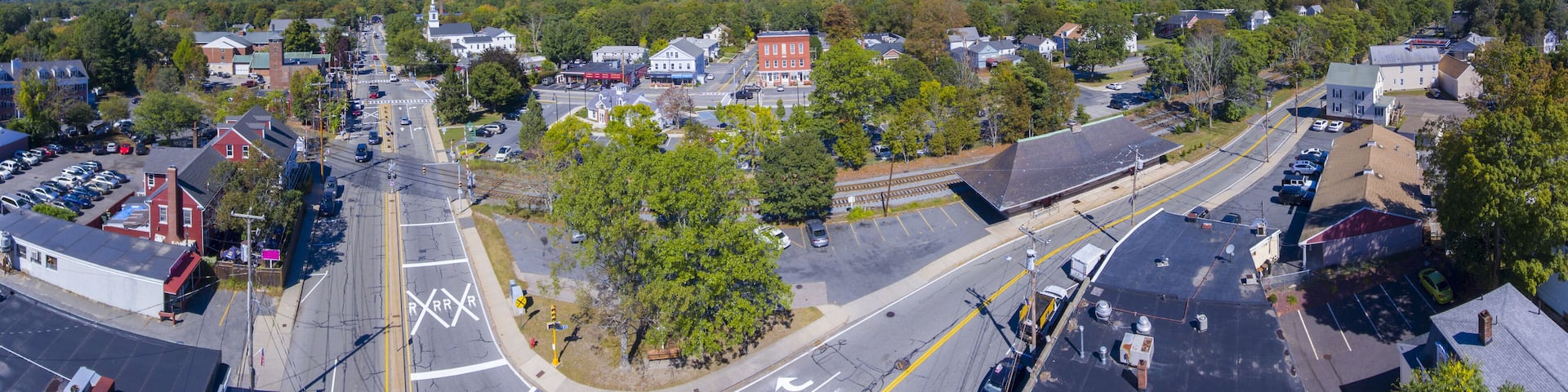 Ashland town center aerial view panorama including Federated Church and Town Hall in Ashland, Massachusetts MA, USA.