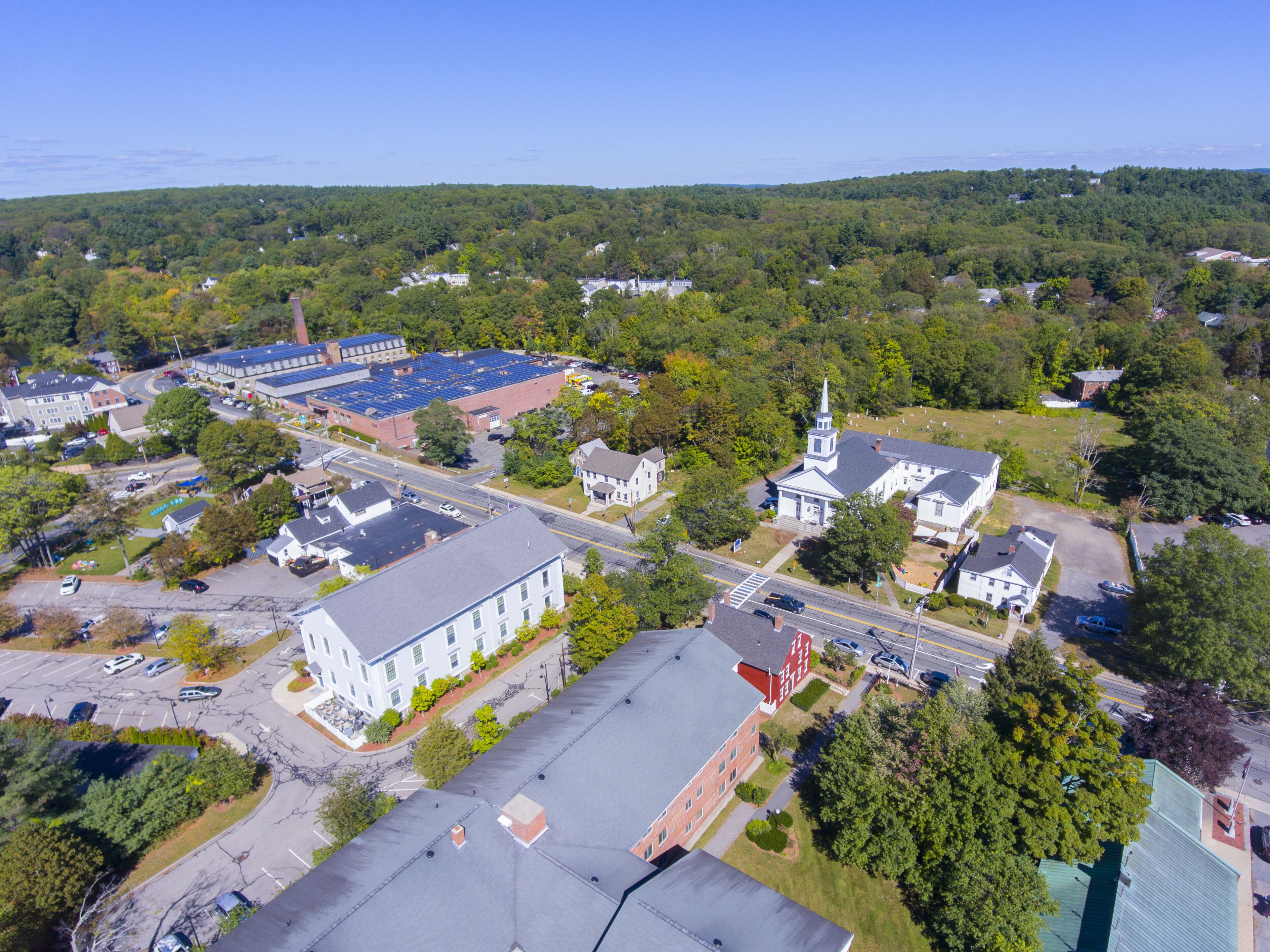 Ashland town center aerial view including Federated Church and Town Hall in Ashland, Massachusetts MA, USA.
