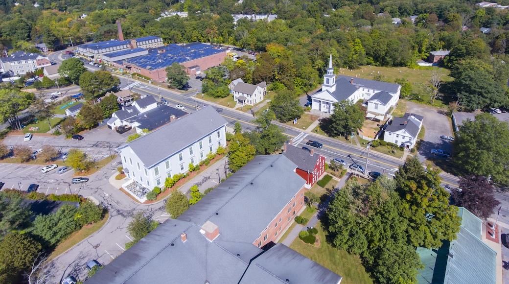 Ashland town center aerial view including Federated Church and Town Hall in Ashland, Massachusetts MA, USA.
