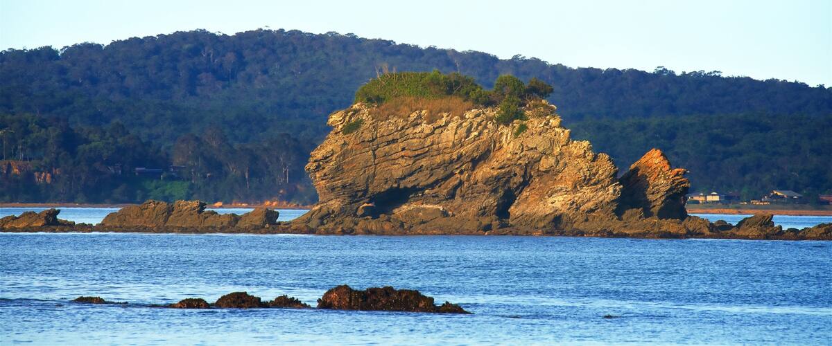 A rocky island with a forested hill in the background.