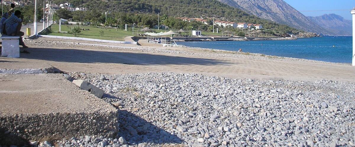 A rocky beach with a mountain in the background.