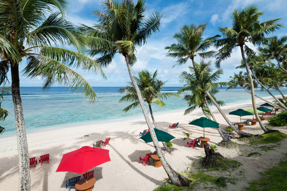 A beach with palm trees, red and green umbrellas, and white sand.