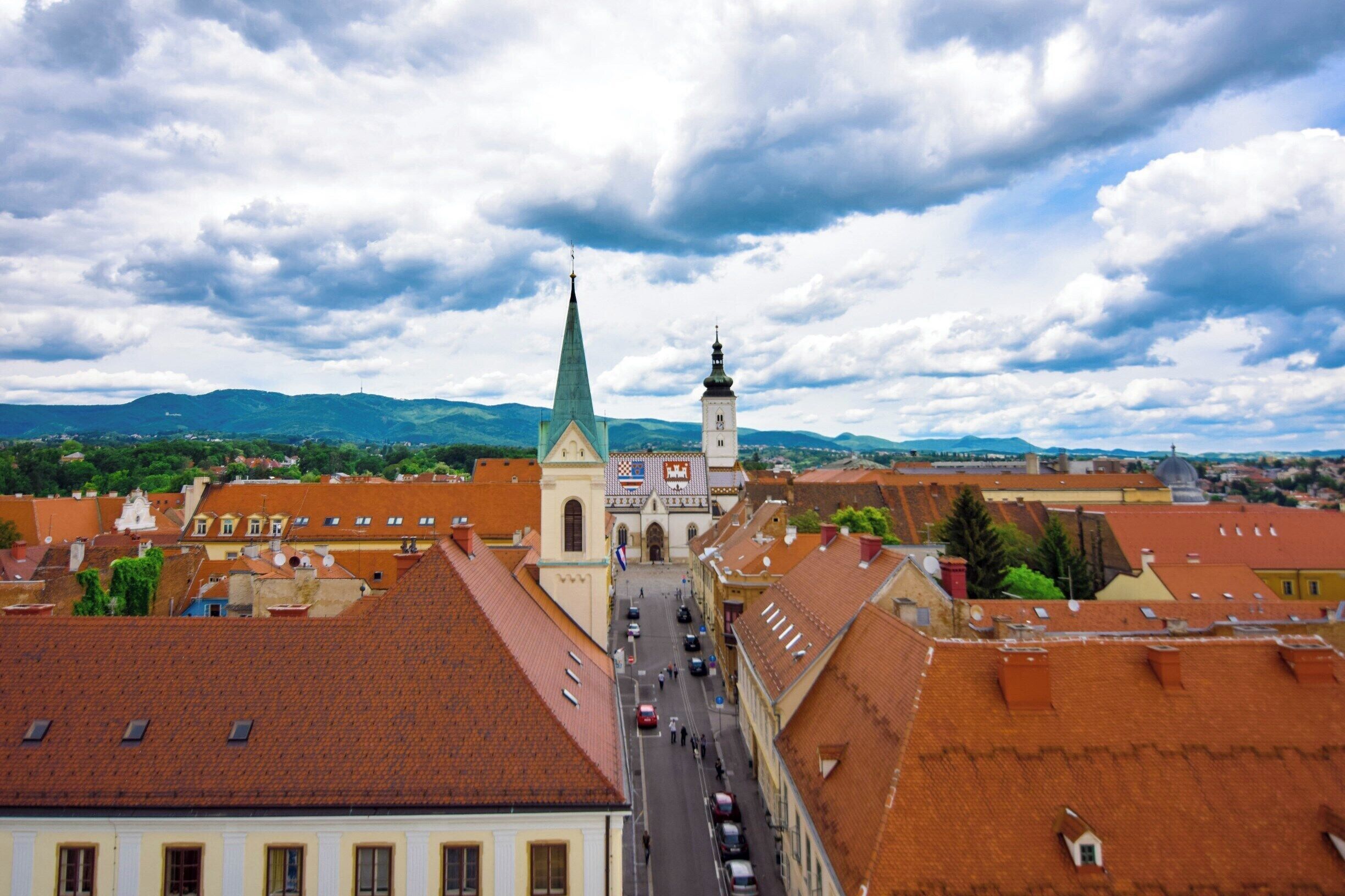 View of St. Mark's Church from the Lotrščak Tower, from where one can get a 360 degree view of Zagreb. The fortified tower is located in old part of town called Gornji grad. 