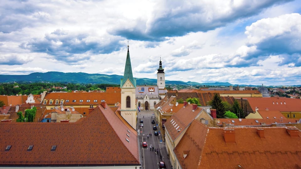 View of St. Mark's Church from the Lotrščak Tower, from where one can get a 360 degree view of Zagreb. The fortified tower is located in old part of town called Gornji grad.