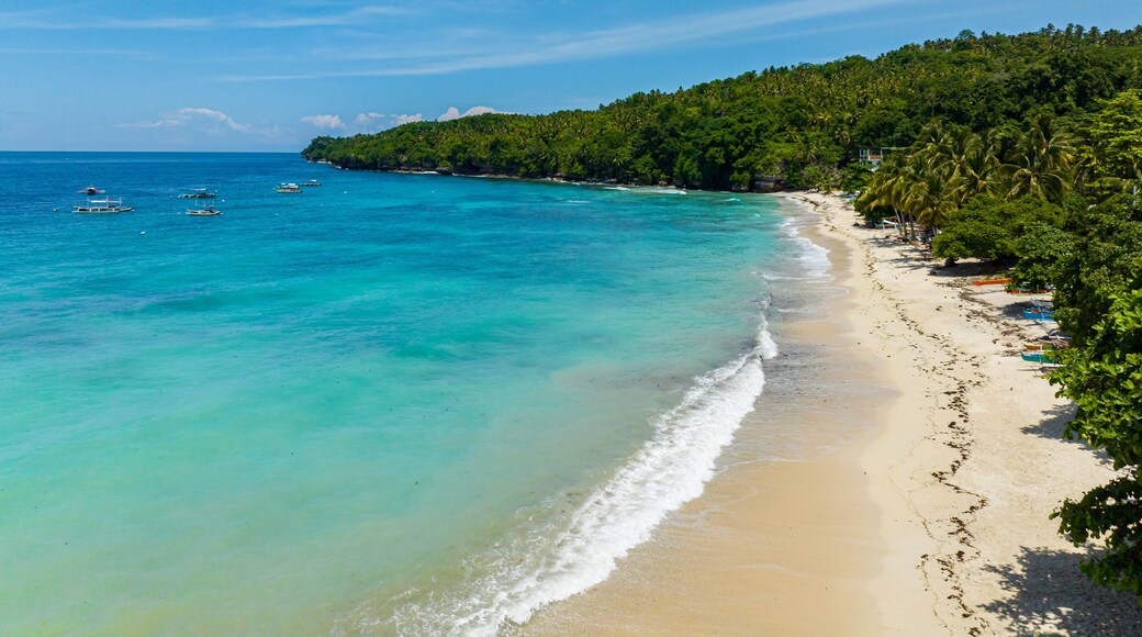 White sandy beach with turquoise sea water and waves. Samal Island. Davao, Philippines.