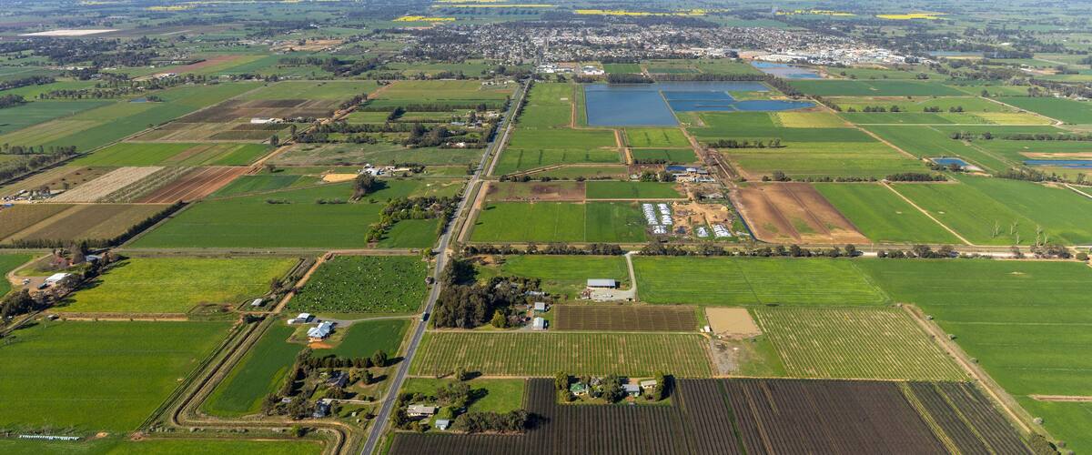 An aerial view of a rural landscape with fields, a small town, and a large body of water.