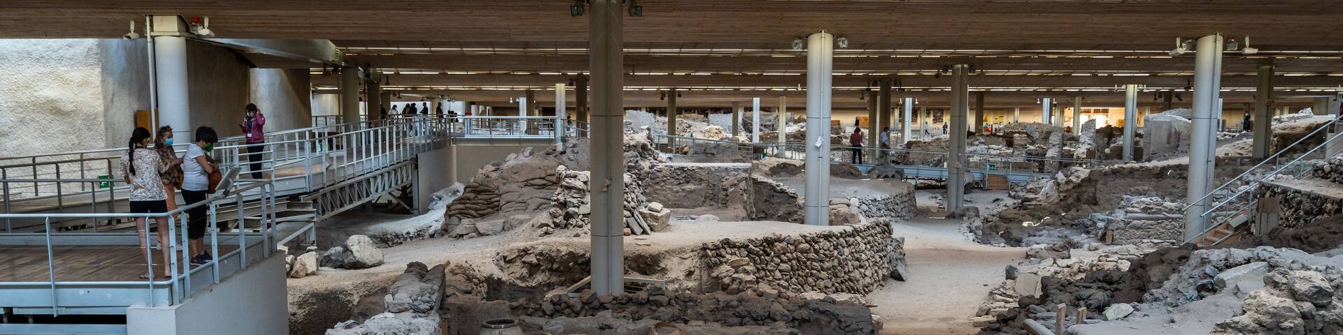 View of the archaeological site of Akrotiri, an ancient Minoan city destroyed in 16th century and popular tourist destination in Santorini, Greece