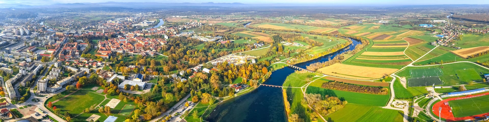 Croatia. Beautiful aerial panorama of Karlovac city at autumn time