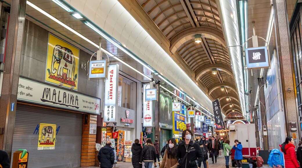 Tanukikoji Shopping Street which includes signage, shopping and interior views