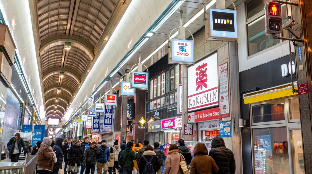 Tanukikoji Shopping Street which includes signage, shopping and interior views