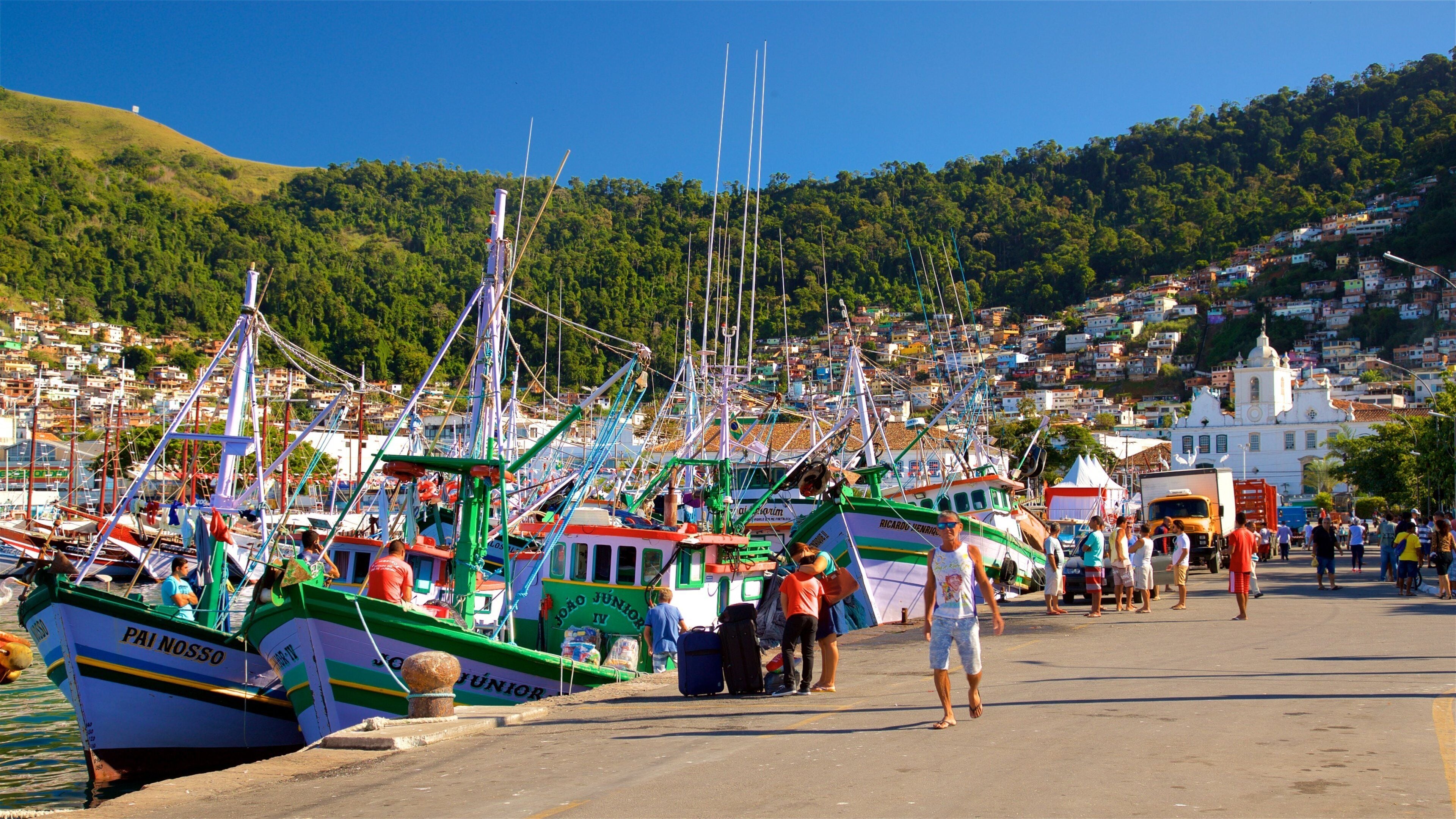 Fish Market showing a coastal town and a bay or harbour as well as a small group of people