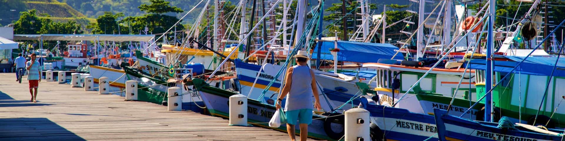 A wooden pier with boats docked, a person walking, and a mountainous landscape in the background.