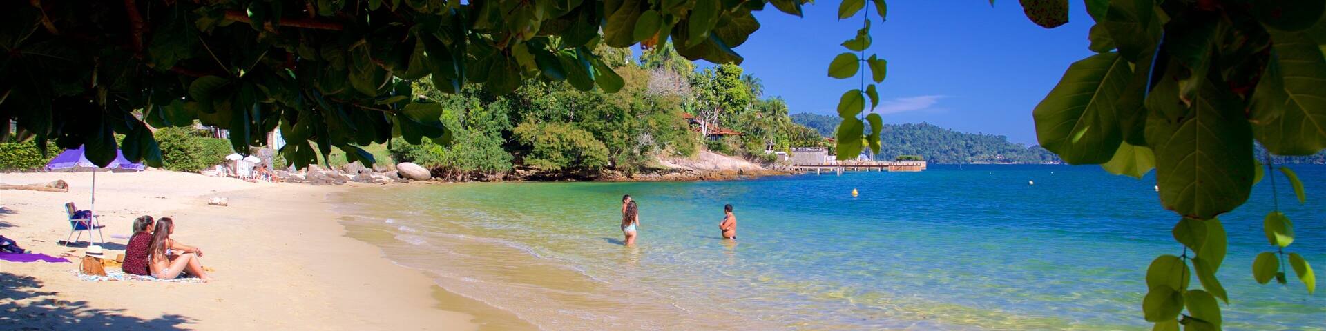 A beach with clear water, people in the water, and a sandy shore.