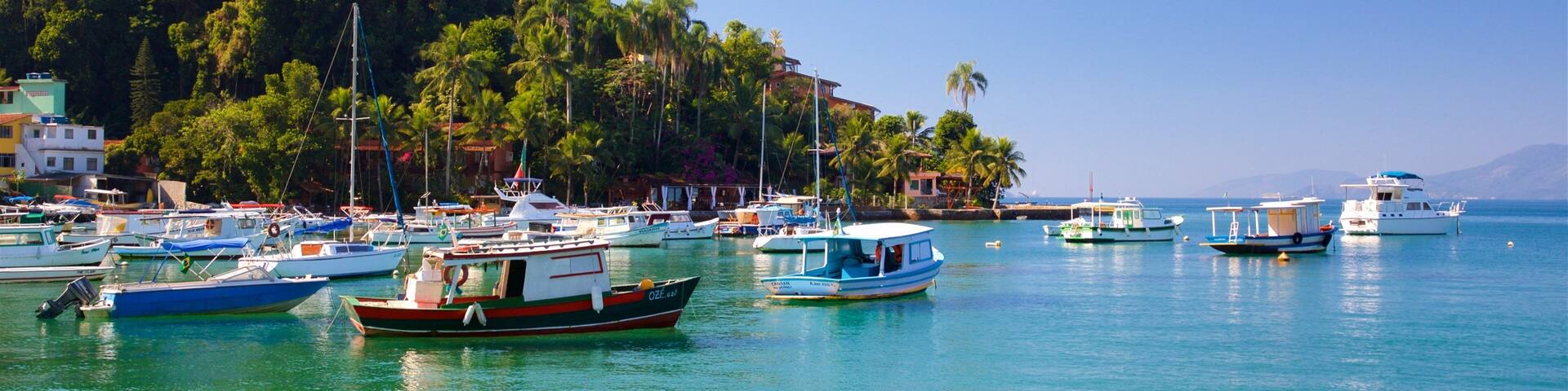 A marina with various boats docked, surrounded by lush green hills and palm trees under a clear blue sky.