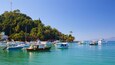 Un puerto deportivo con varias embarcaciones amarradas, rodeado de colinas verdes exuberantes y palmeras bajo un cielo azul despejado.