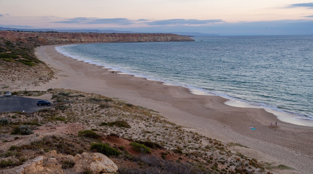 Maslin Beach which includes a beach, a sunset and general coastal views