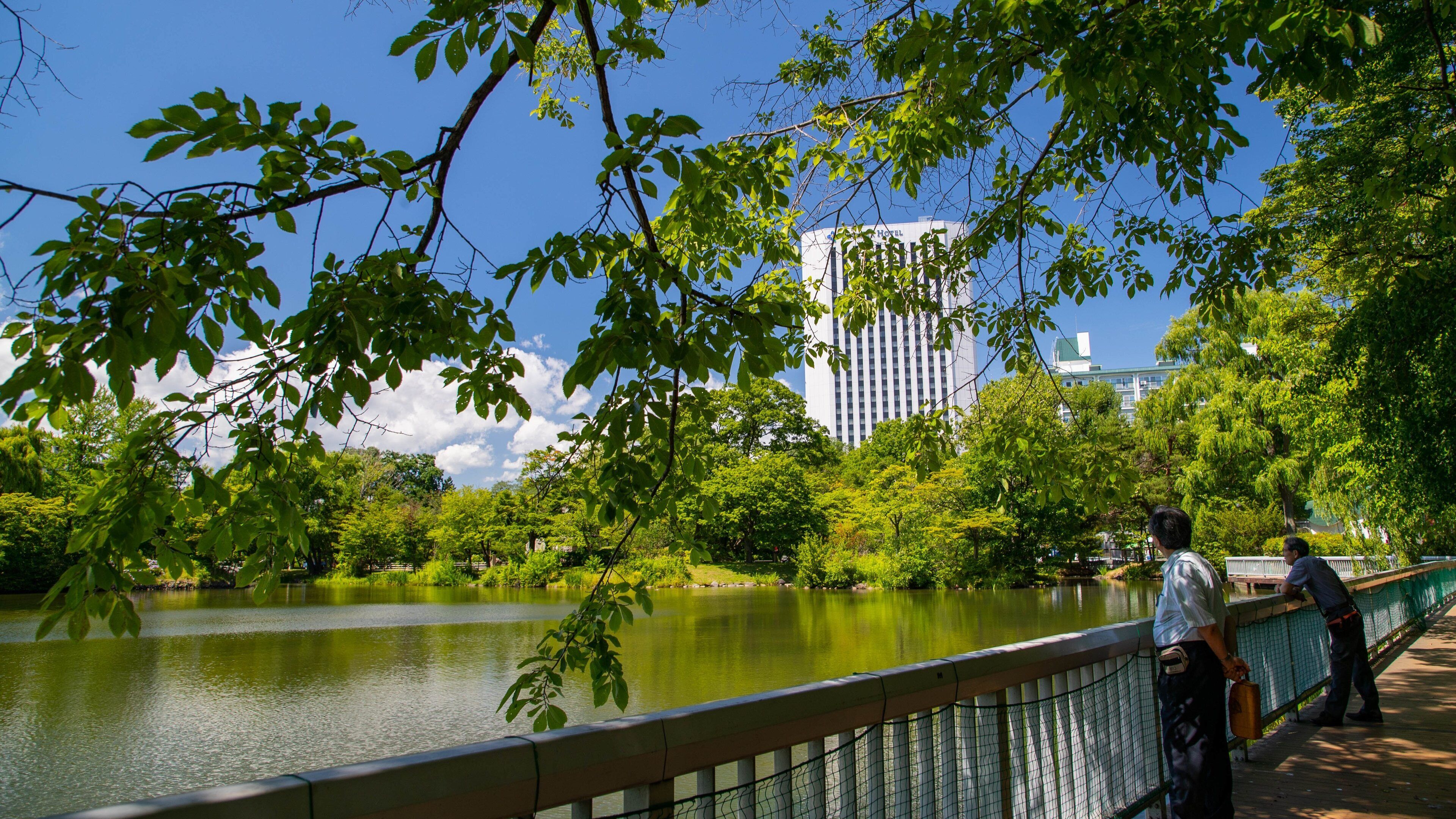 A river with a bridge, surrounded by trees and buildings in the background.