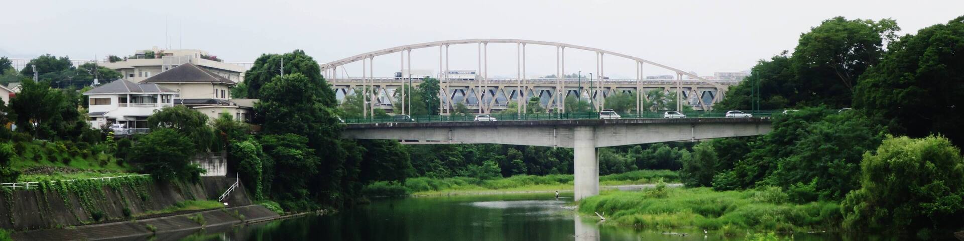 A bridge over a river with a reflection, surrounded by greenery and houses.