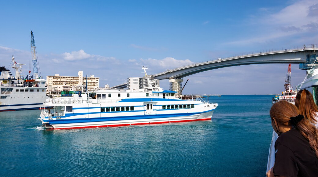 泊港の出口にある泊大橋。 日本国沖縄県那覇市にて。 2021年4月27日撮影。 高速ジェット船、クイーンざまみ3世号で慶良間諸島へ向かう。 那覇の海の玄関口、那覇泊港。 Tomari Ohashi Bridge at the exit of Tomari Port. In Naha City, Okinawa, Japan. Taken on April 27, 2021. Heading t