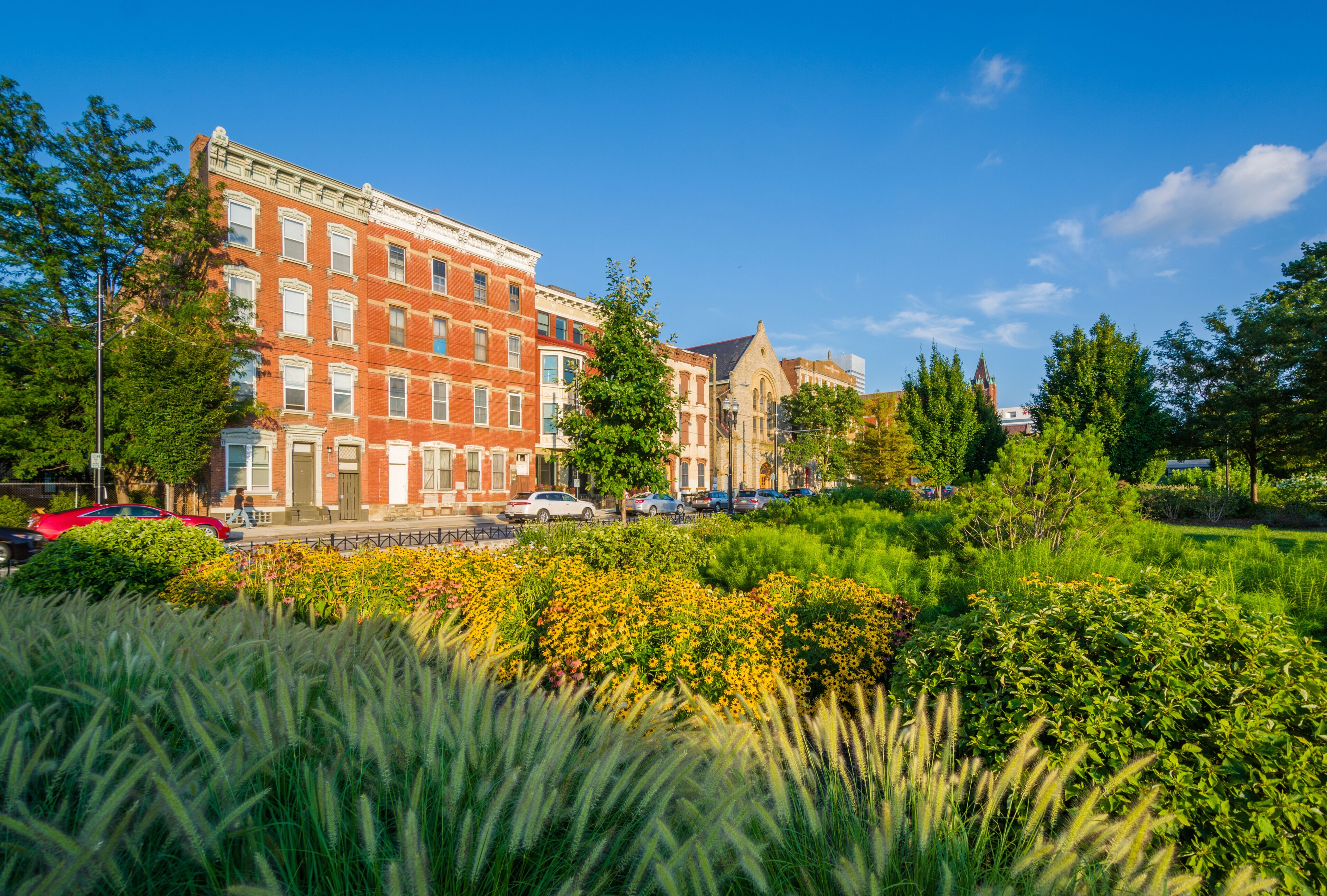 A red brick building, a church, and a park with yellow flowers.