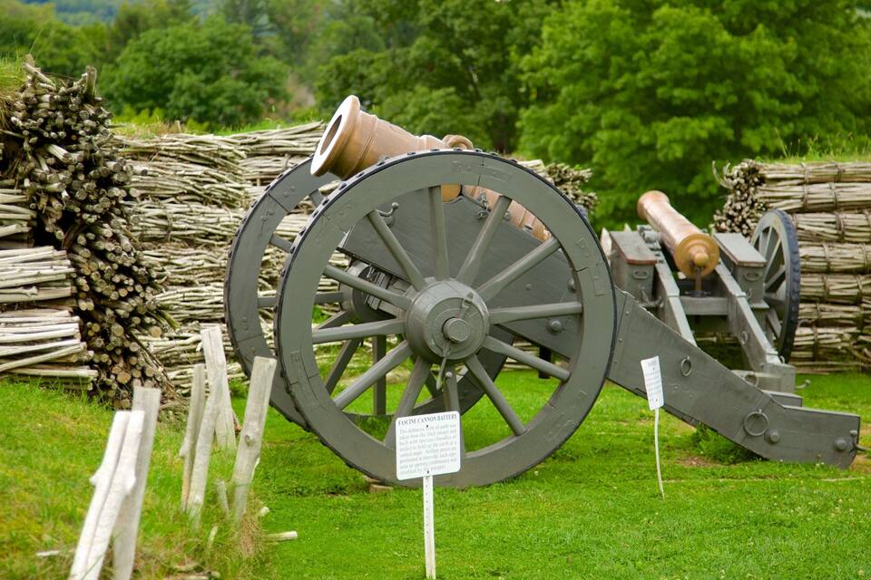 A historical cannon with a large wheel, surrounded by stacks of logs and a grassy field.