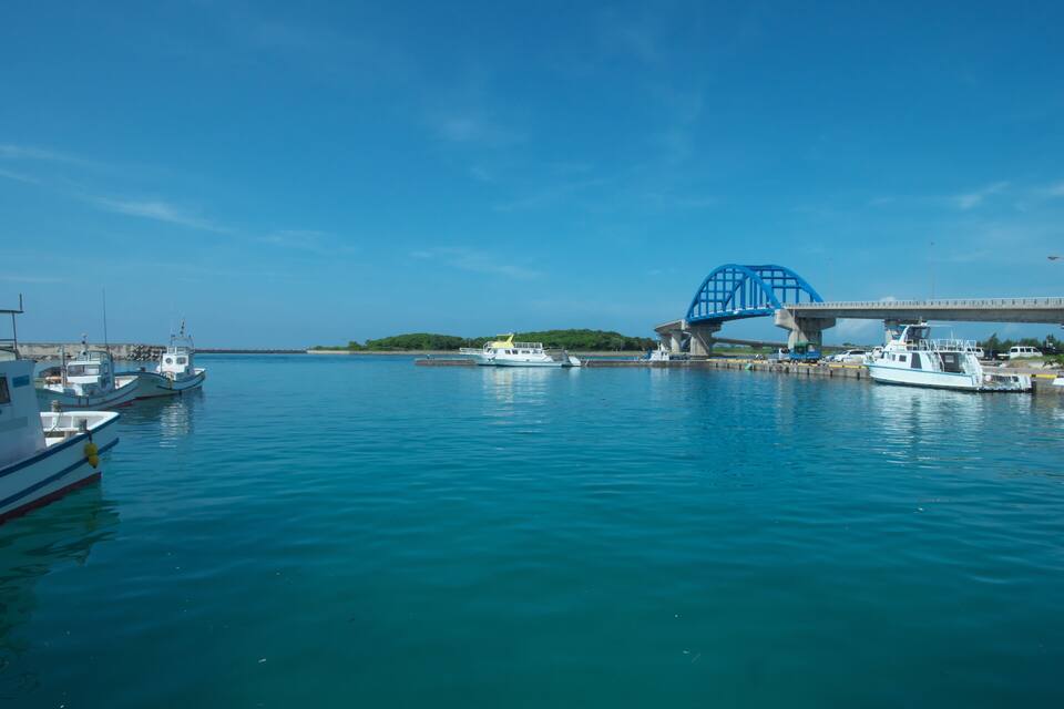 Un puerto con barcos, un puente azul y una isla verde.