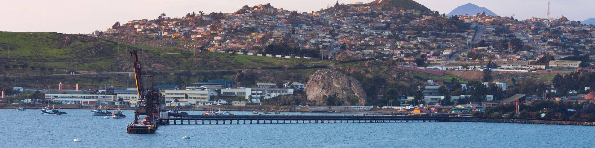 Herradura Bay Port and view of the -Cruz del Tercer Milenio-, Cross of the Third Millennium, on the hill -El Vigia-, Coquimbo, IV Region of Coquimbo, Chile