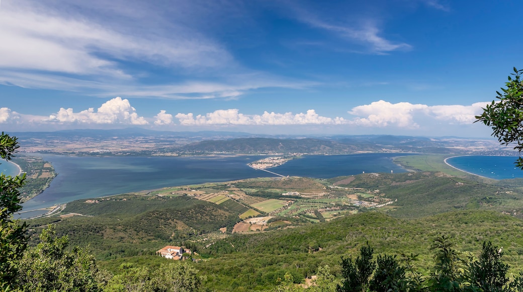 Beautiful aerial view of Orbetello and the Lagoon from the summit of Monte Argentario, Grosseto, Italy, including the beaches of Giannella and Feniglia