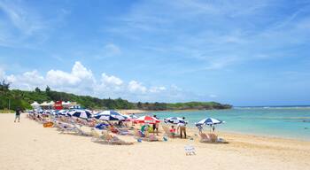 Nirai Beach which includes general coastal views and a sandy beach as well as a large group of people