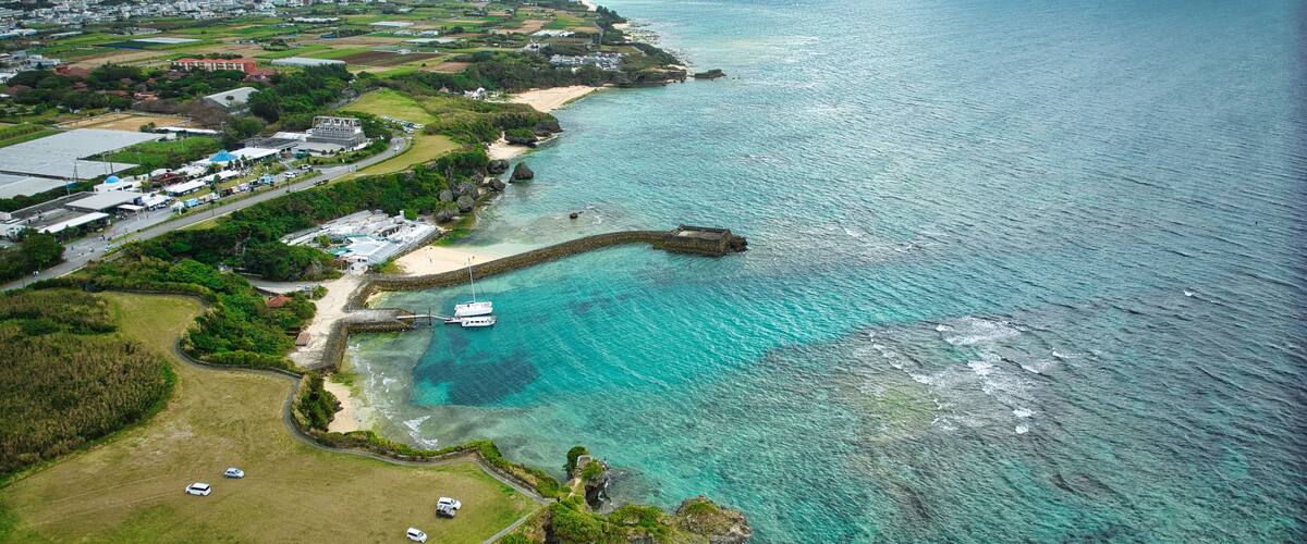 View of Yomitan Village, Cape Zanpa, Okinawa, Japan, with beautiful turquoise ocean