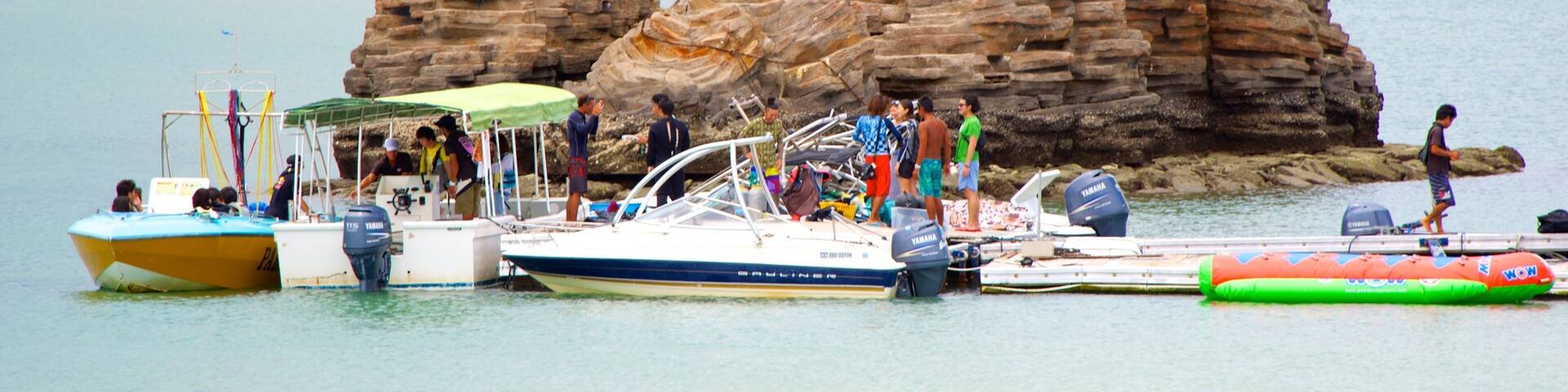 A rocky outcrop in the water with boats and people around it.