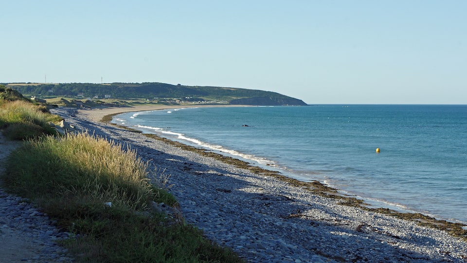 A pebble beach with gentle waves, a clear sky, and distant hills.