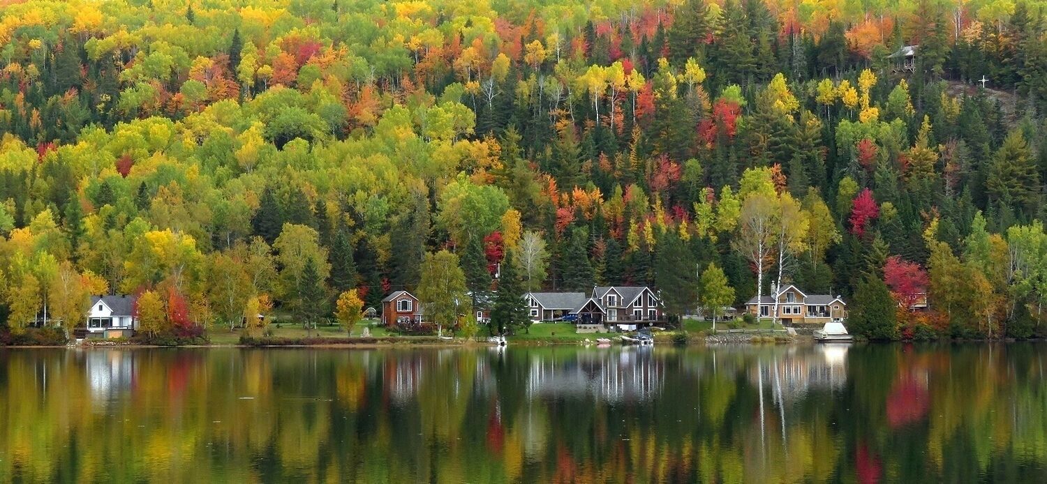 A lake surrounded by autumn-colored trees and houses.